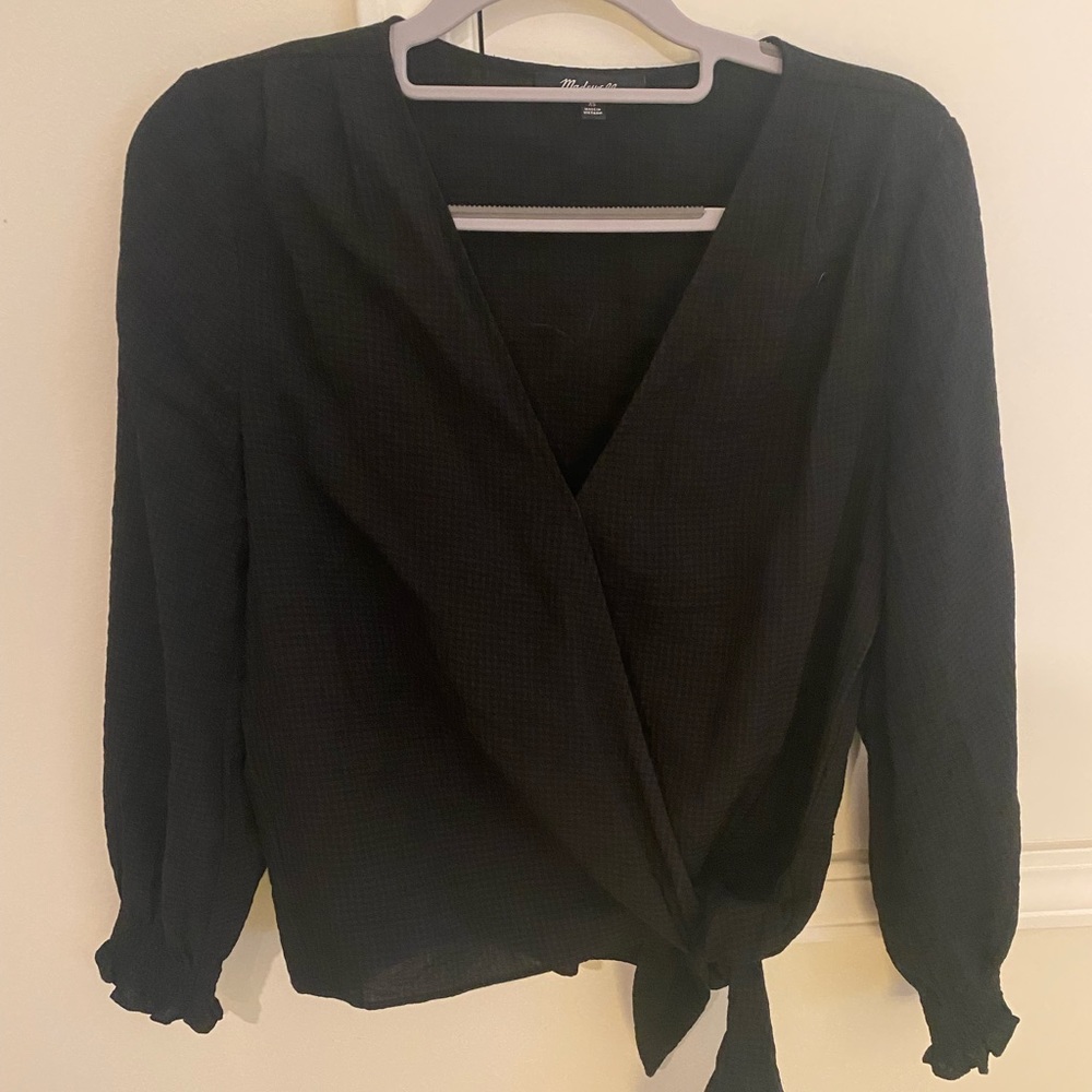 Madewell black wrap blouse with fitted sleeve and tie